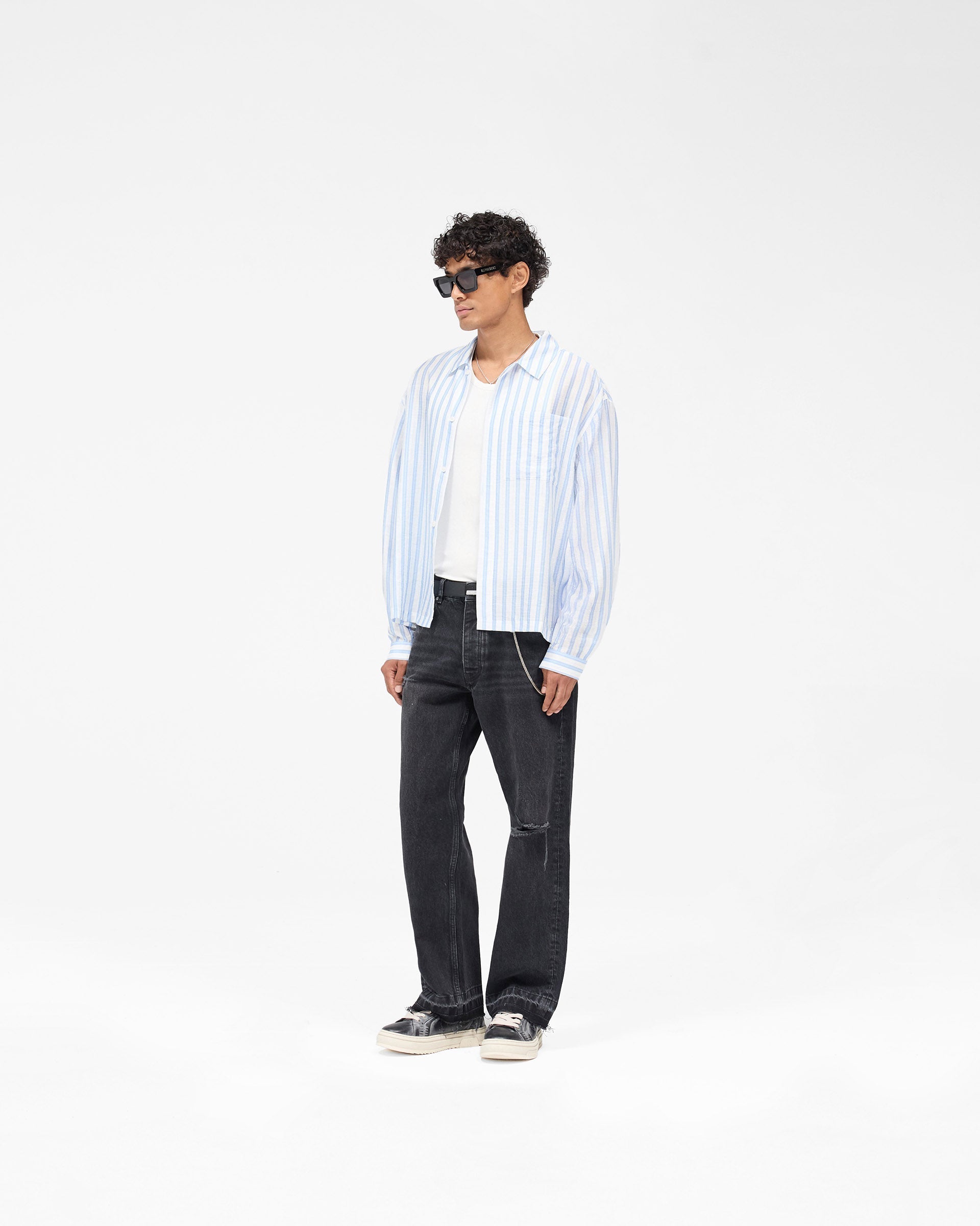 Long Sleeve Sheer Stripe Boxy Shirt - Ice Blue