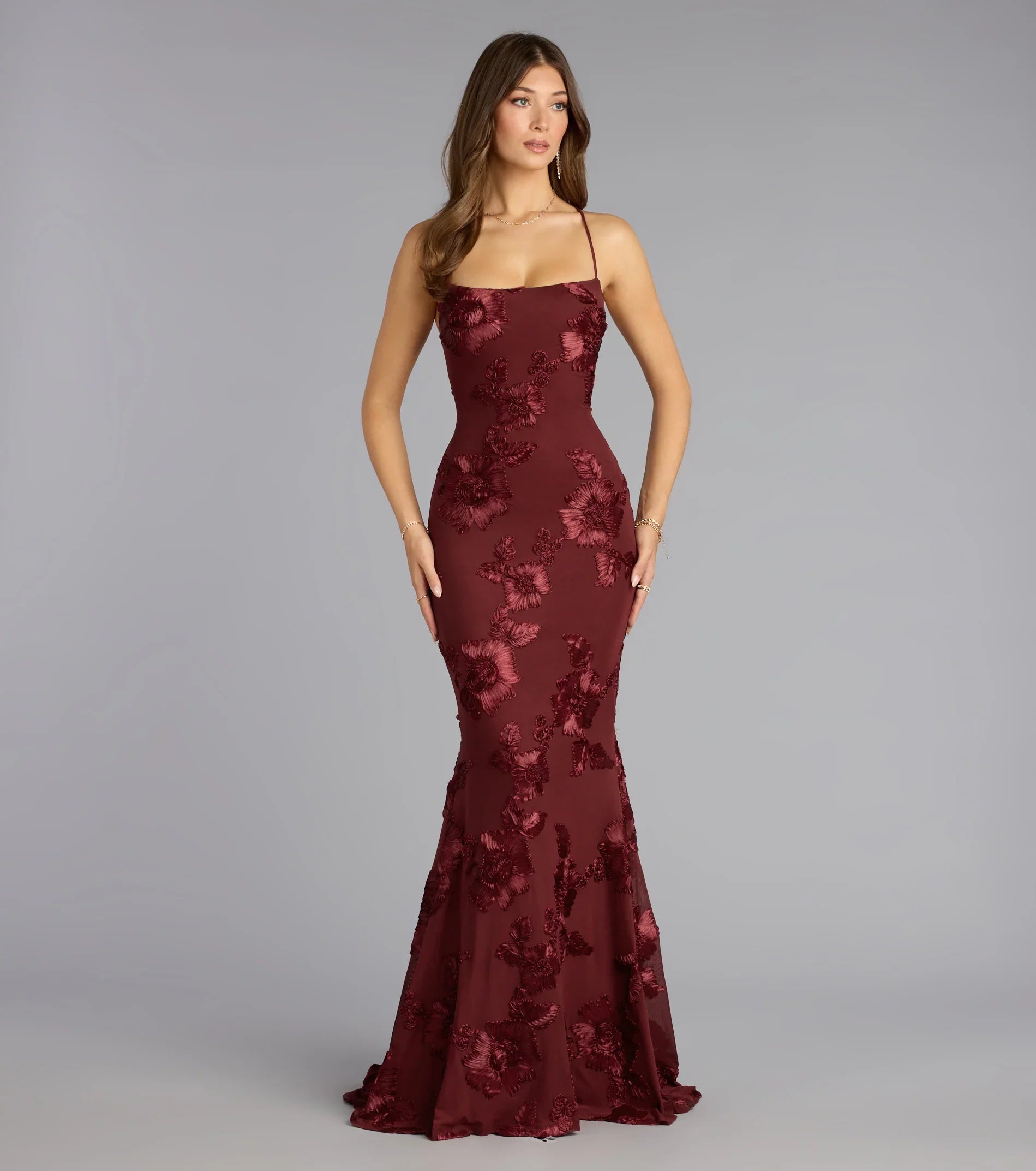Gabi Lace-Up Floral Trim Mermaid Formal Dress