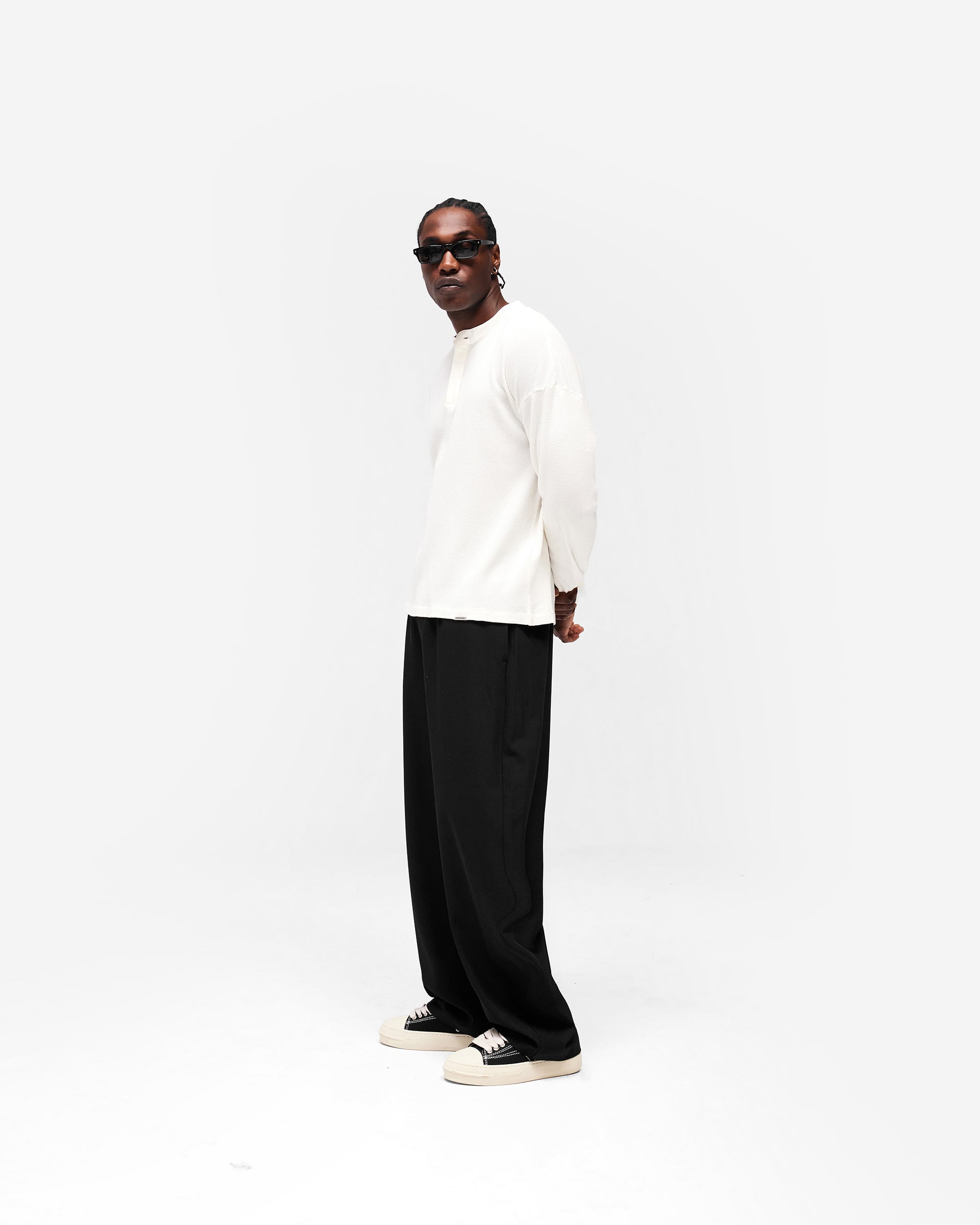 Initial Henley Waffle Long Sleeve T-Shirt - Flat White