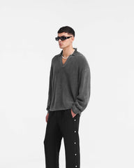 Ribbed Knit Oversized Polo - Washed Black