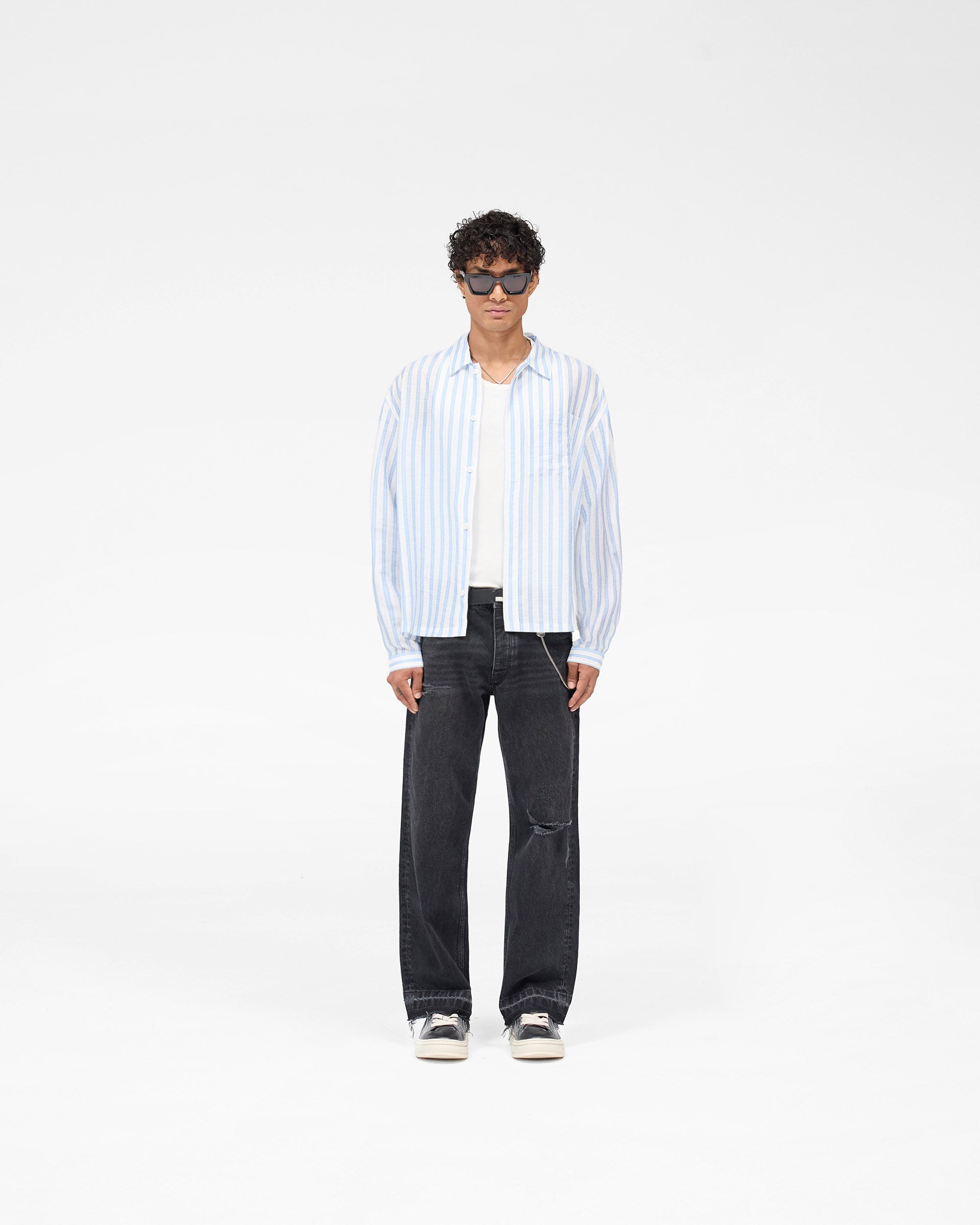 Long Sleeve Sheer Stripe Boxy Shirt - Ice Blue
